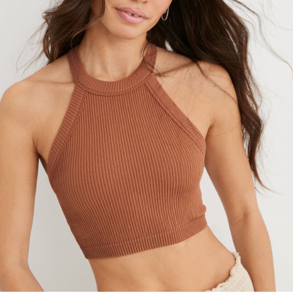 🆕 Aerie Superchill Seamless High Neck Bra Top Bralette, Beach Dune, Size L